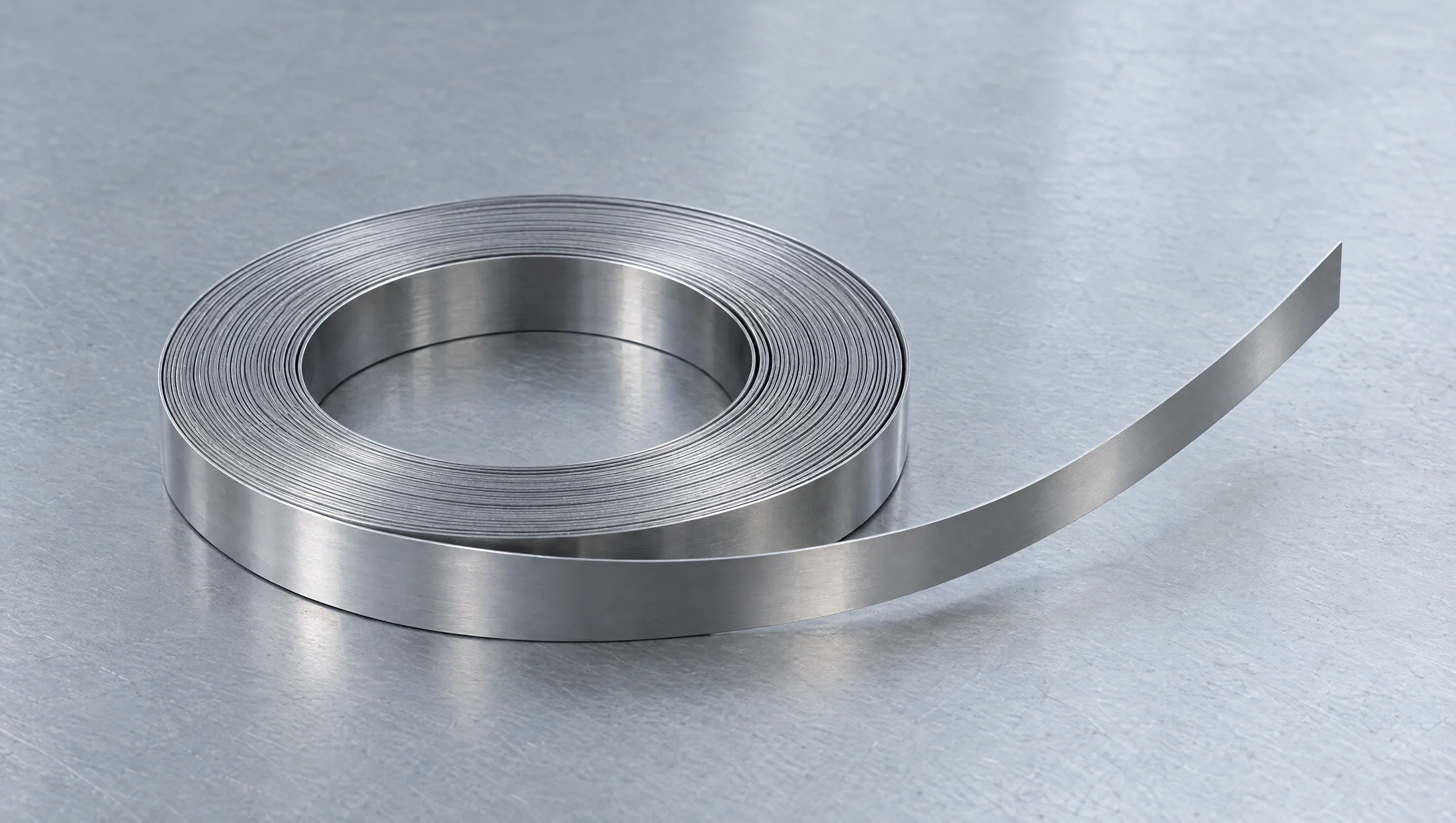 Kleiner Ring aus dünnem Edelstahl-Federband, das lose Ende hebt sich in einem Bogen